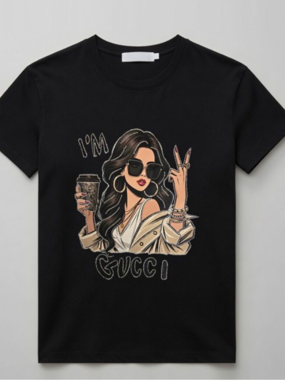 ShopEvelynne Black Graphic Short Sleeve Tee with Beige & Gold Illustration